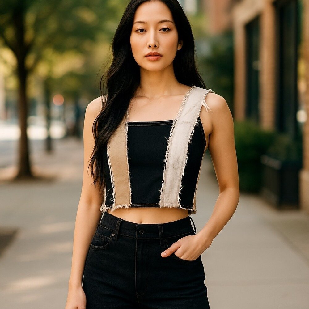 Jeans Brand Y2K Crop Top Womens Medium Black Colorblock Distressed Earthy Boho